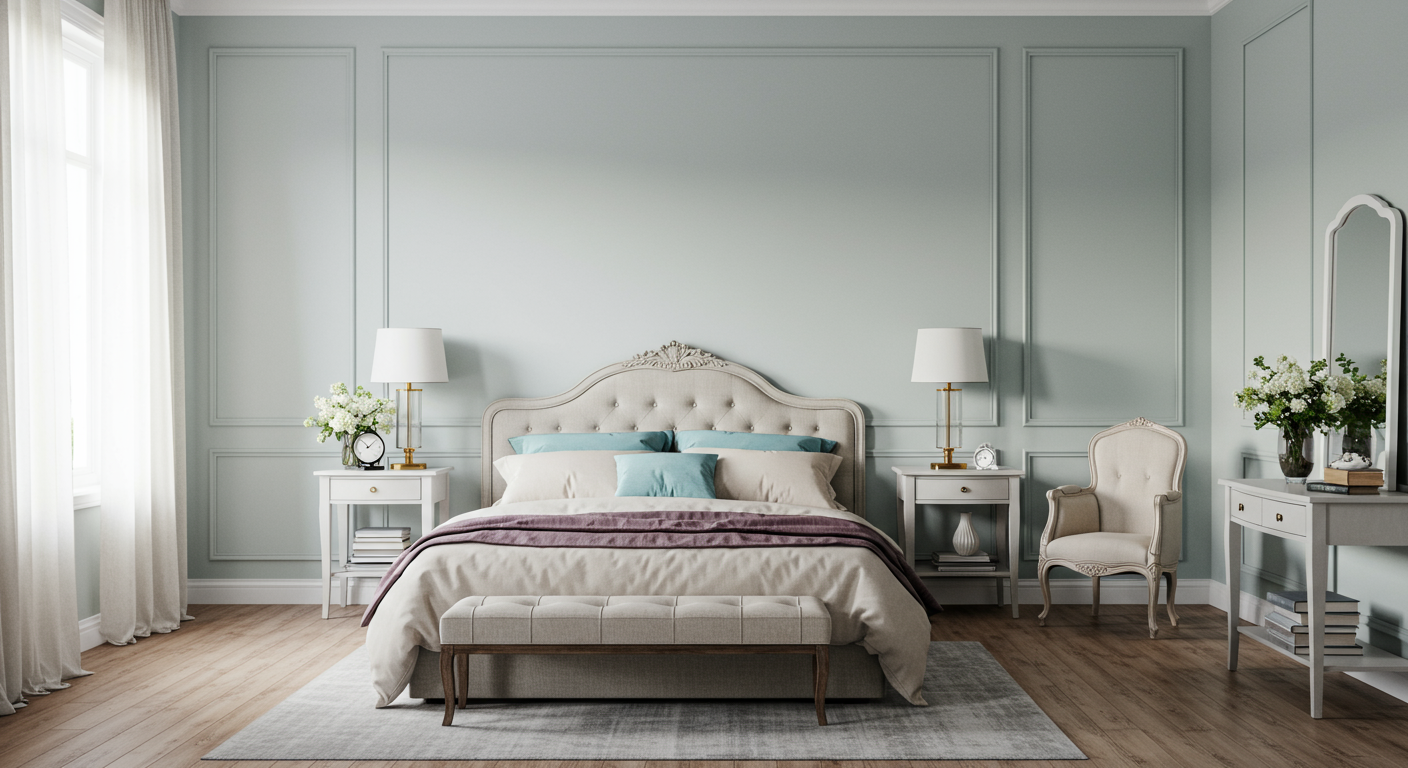 A beautifully painted bedroom with a soft pastel color on the walls, complemented by elegant furniture and decor. The image highlights the smooth finish and attention to detail in the painting work.