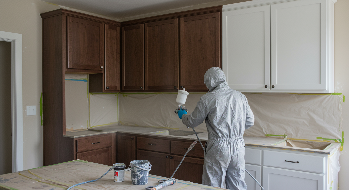 A skilled painter refinishing kitchen cabinets in a modern home. The painter is using a spray gun to apply a smooth coat of paint, with protective sheets covering the surrounding area. The cabinets are transitioning from a dark wood finish to a sleek white color.
