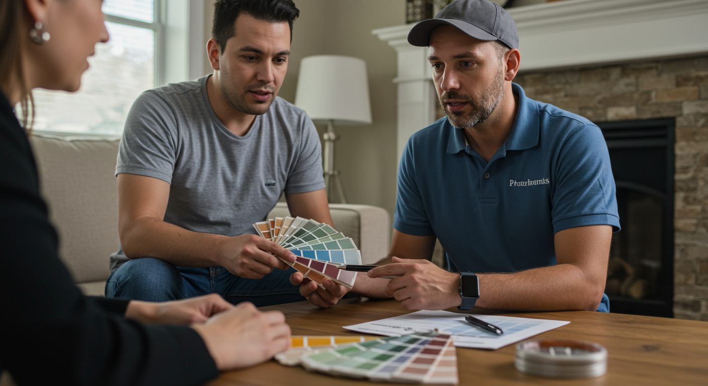A professional painter sitting with a homeowner, showing a color palette and discussing options.
