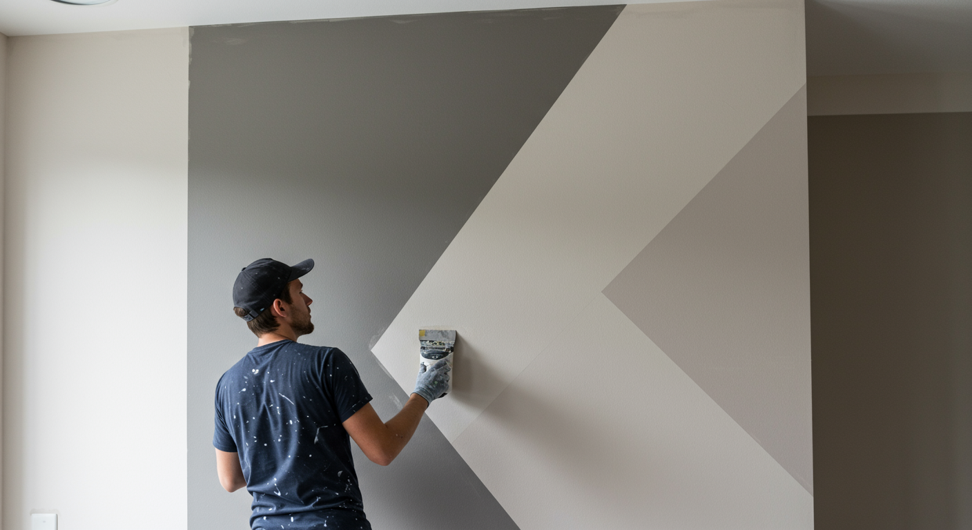 A professional painter creating a custom accent wall with a geometric or textured design in a stylish home interior. The painter is focused and using precision tools.
