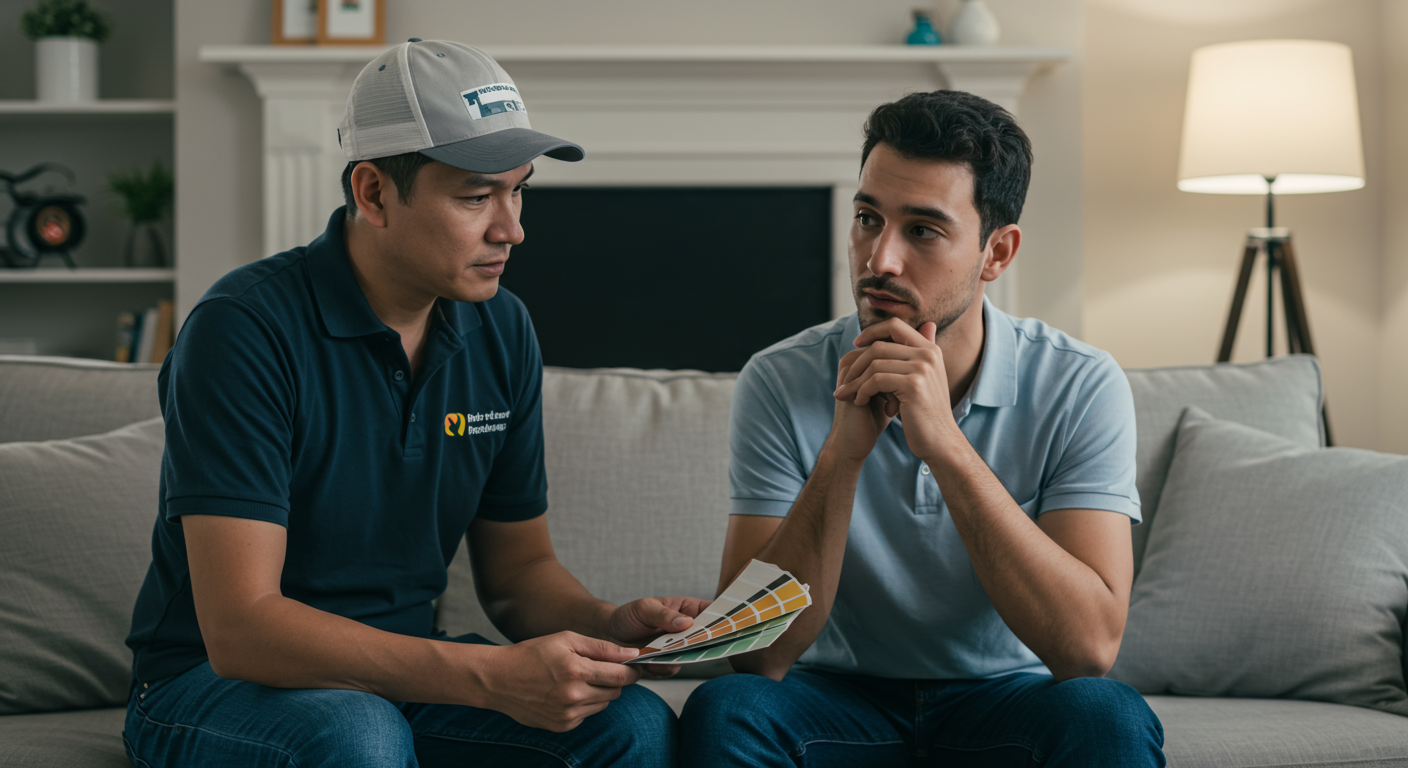A professional painter consulting with a homeowner in a cozy living room. The painter is showing a color palette while the homeowner looks thoughtful and engaged.