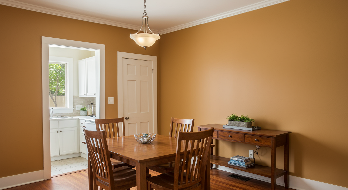 A cozy dining room in Huntington Park, CA, freshly painted in a warm, inviting color. The image focuses on the details of the painted walls, showcasing the smooth and even finish. The room is styled with a dining table, chairs, and a centerpiece to create a homely vibe.