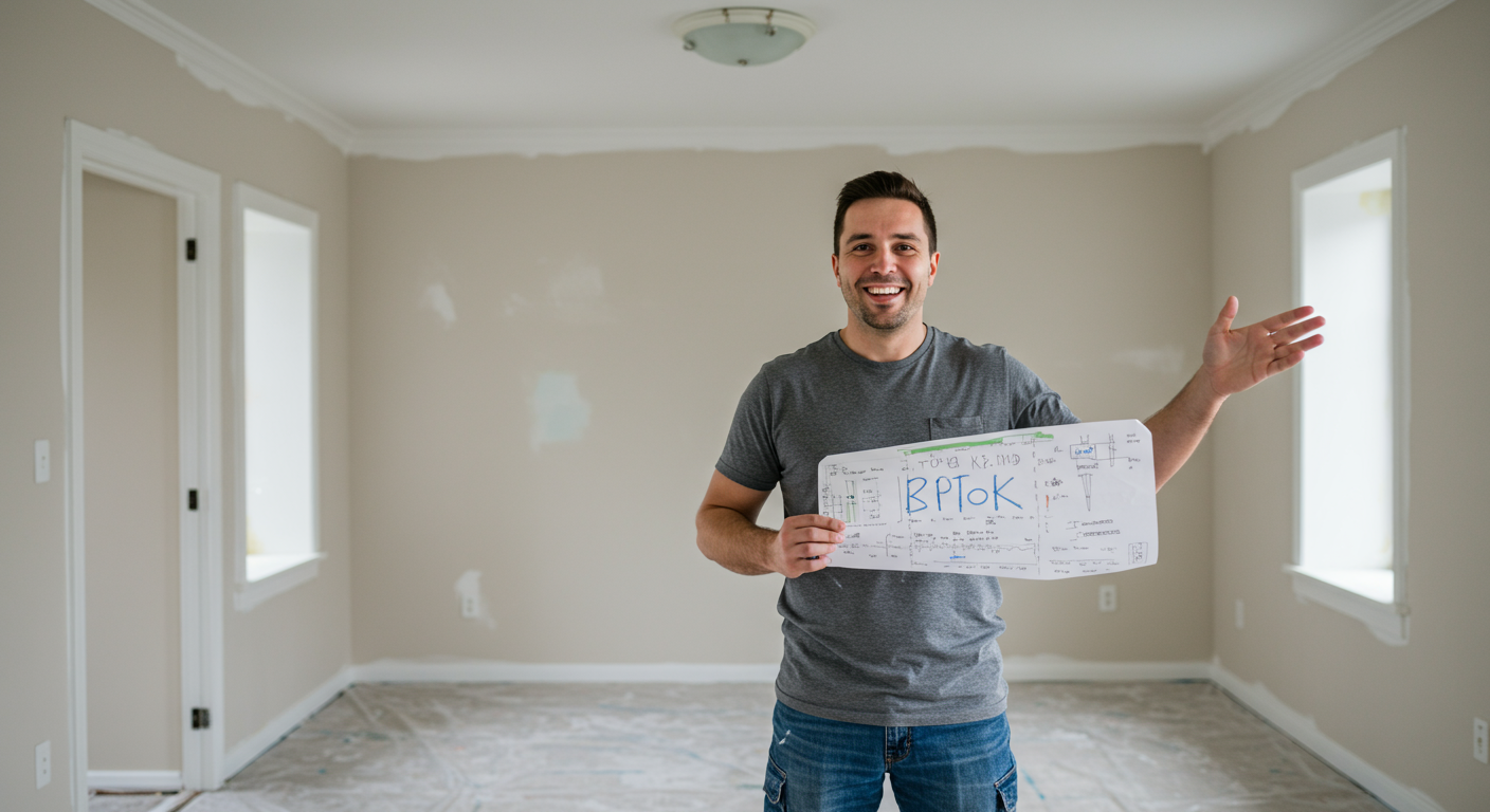 A smiling homeowner standing in their newly painted indoor space, showcasing a sense of satisfaction and pride. The room is bright and modern, with freshly painted walls in a neutral or pastel color.