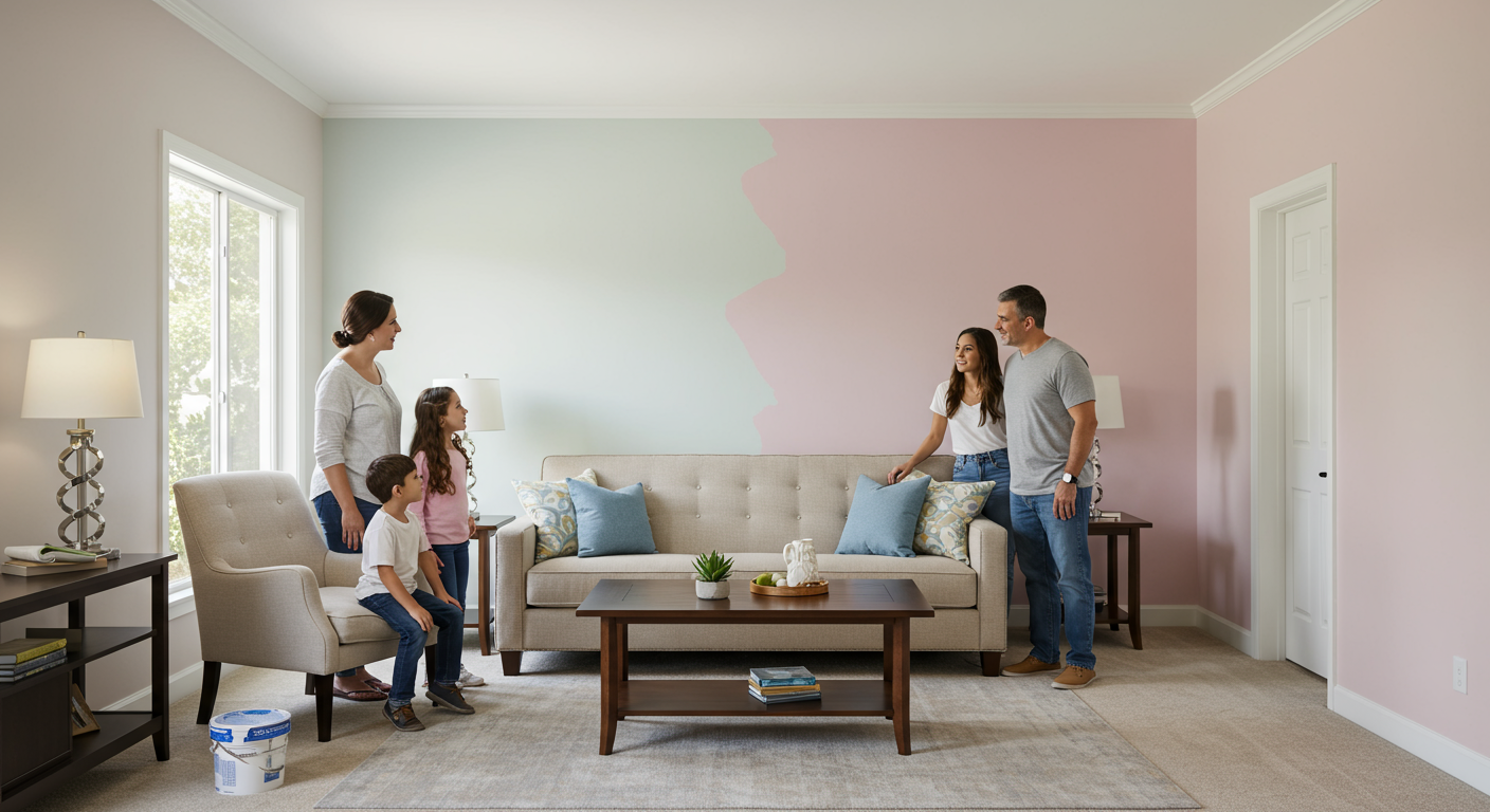A cheerful family admiring their newly painted living room in Paramount, CA. The walls are painted in a soft pastel shade, and the room is well-lit and decorated. The family looks satisfied and happy, symbolizing the joy of a fresh, professionally painted home.