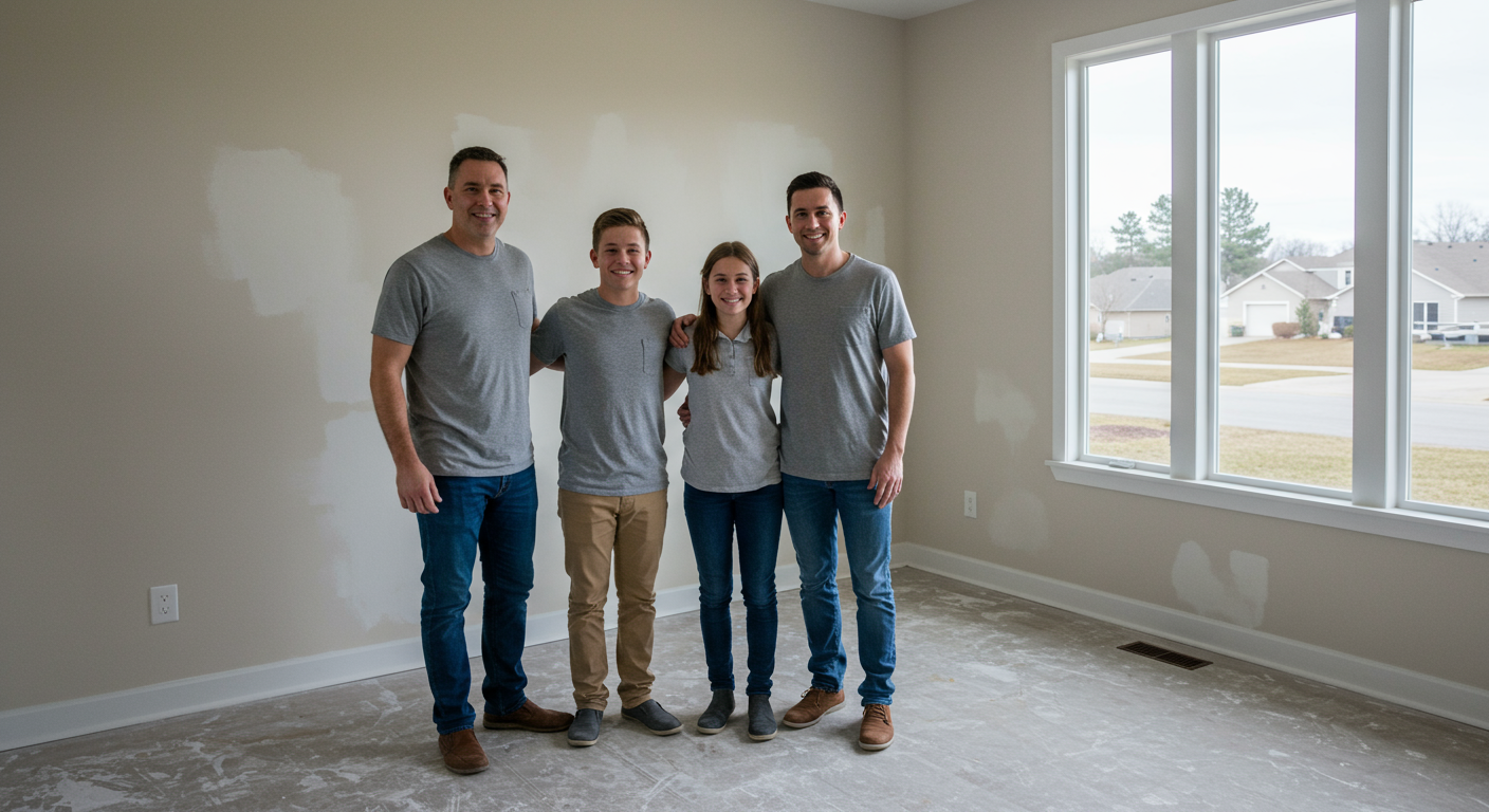 A smiling family standing in their newly painted living room, showcasing the results of professional indoor painting services. The room features a clean, modern design with a focus on the freshly painted walls. A window in the background offers a glimpse of a Rocklin neighborhood or landmark.