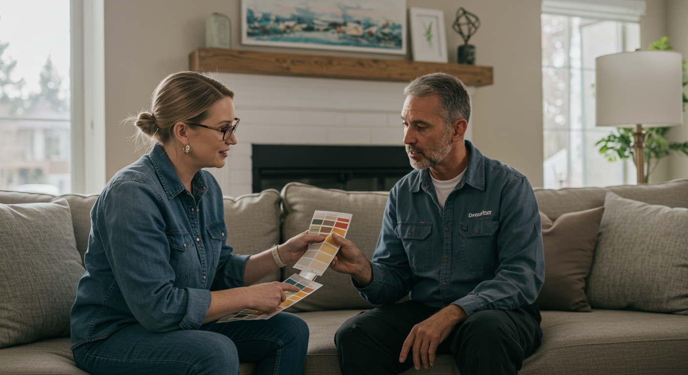 A professional painter showing a homeowner a color palette and discussing options in a cozy, well-lit living room. The homeowner looks engaged, and the scene conveys trust and professionalism.