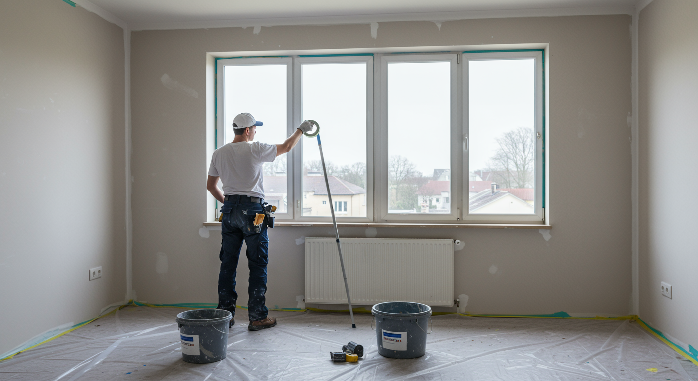 A professional painter preparing a room for painting by applying painter's tape to the edges of a window. The room is well-lit, with furniture covered in protective sheets, and the walls are ready for a fresh coat of paint.