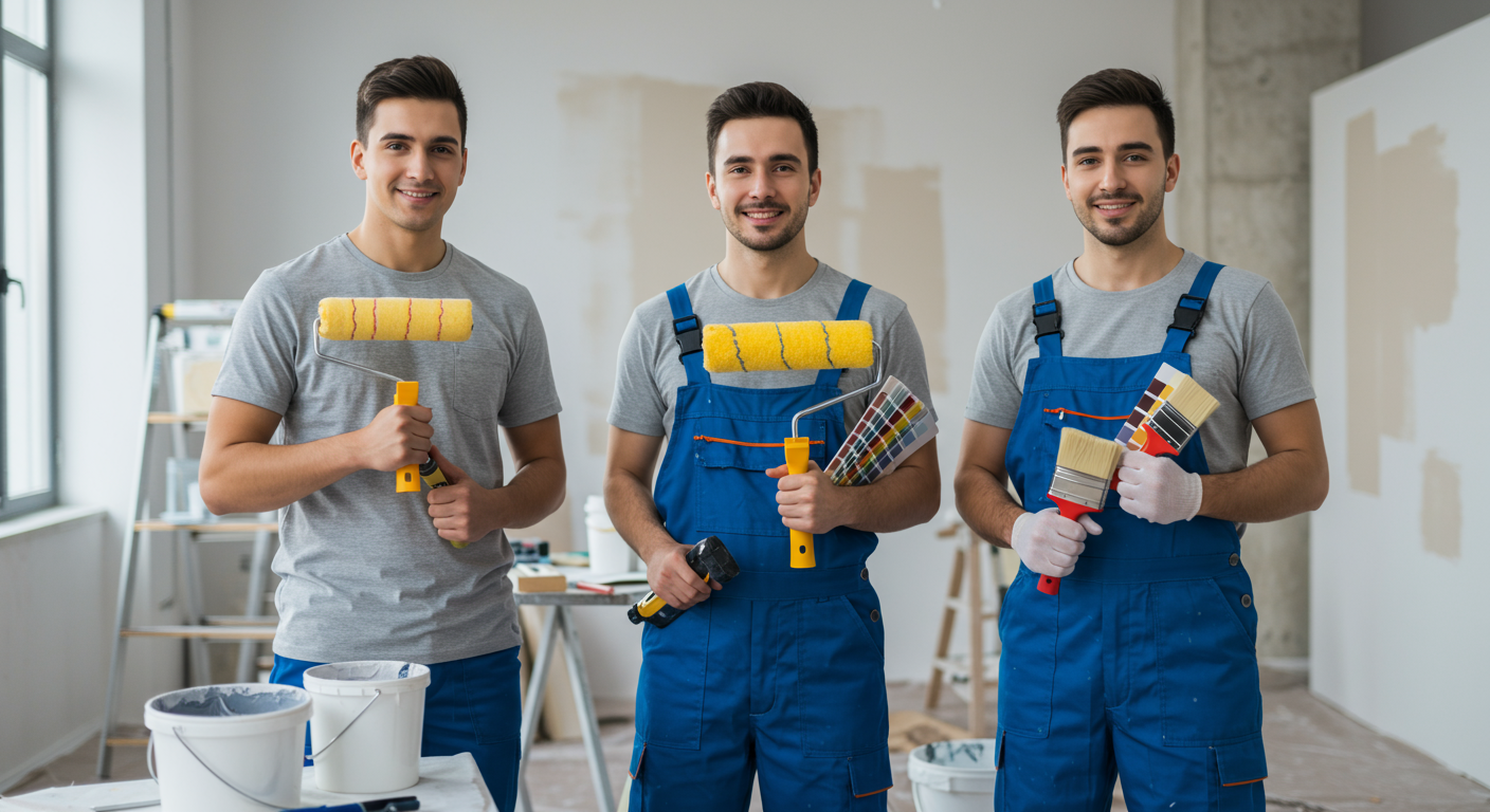 A team of three professional painters standing in a modern indoor setting with their tools and equipment. They are holding paint rollers, brushes, and a color palette, smiling confidently. The background features a partially painted wall and neatly arranged painting supplies.