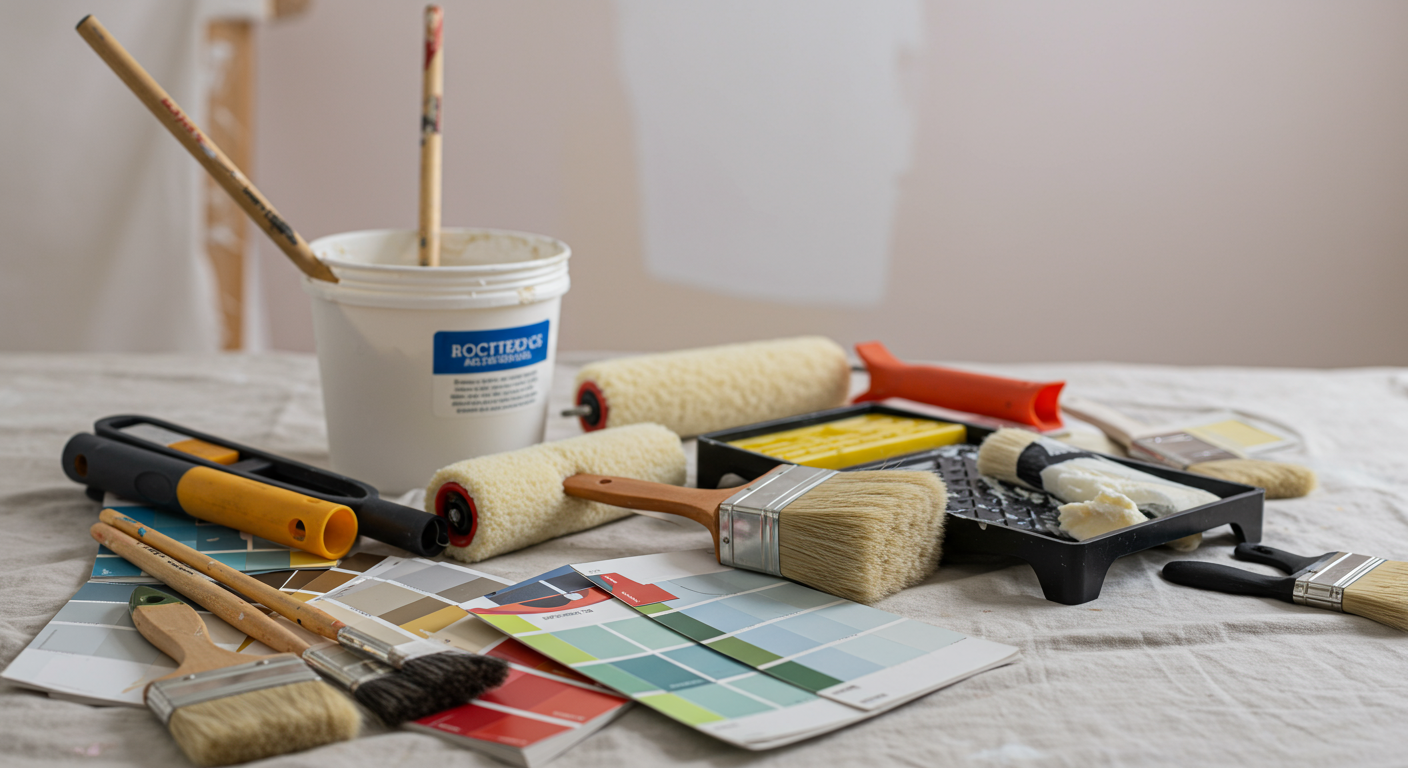 A freshly painted indoor space with vibrant, smooth walls in a trendy color. The room is well-lit with natural light, showcasing the quality of the painting job. Minimal furniture is placed to highlight the walls.