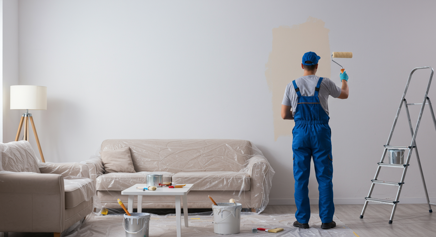 A professional indoor painter in uniform carefully painting a living room wall with a roller brush. The room features modern furniture covered with protective sheets, and the painter is using a ladder to reach higher areas. The background shows paint cans, brushes, and a clean workspace.