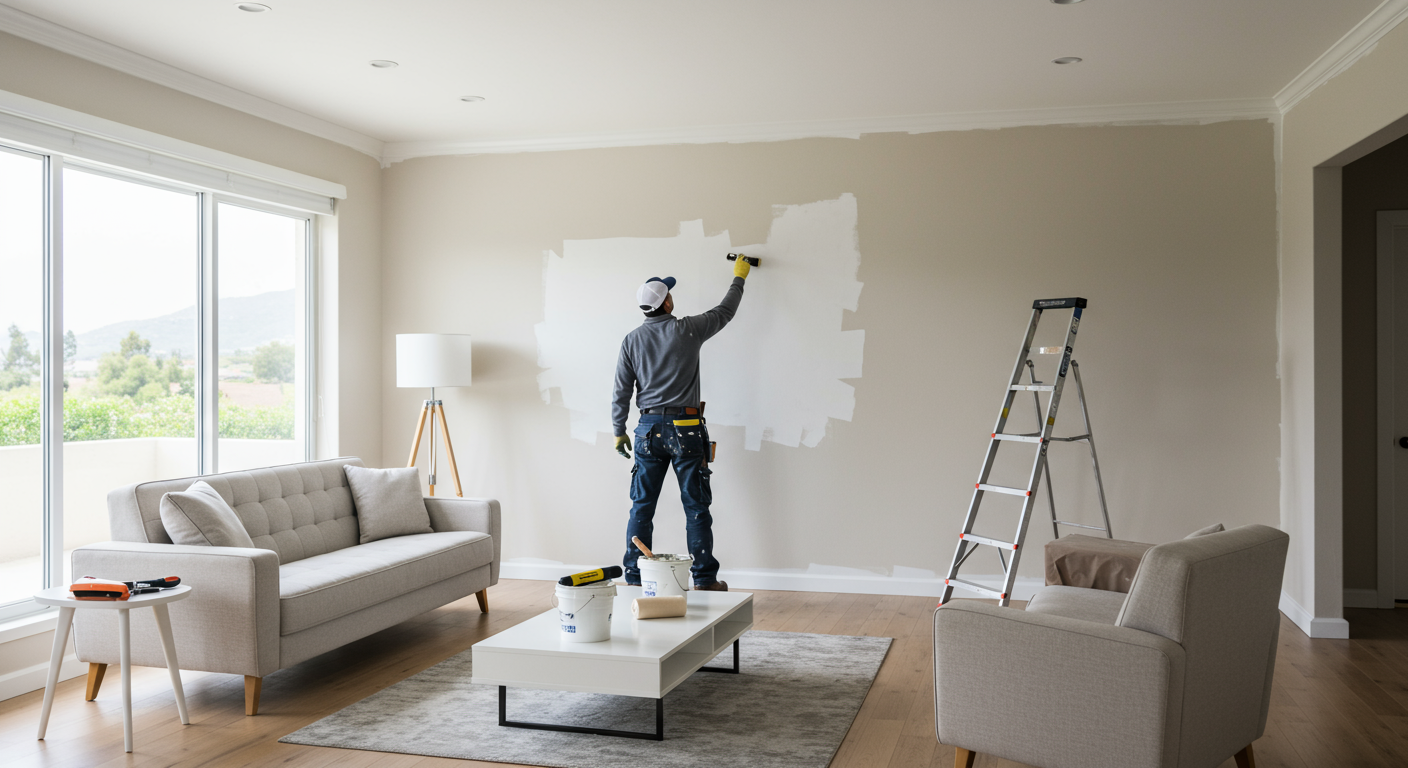 A professional indoor painter in uniform painting a bright and modern living room wall in Paramount, CA. The room features clean furniture, natural lighting, and a ladder with painting tools in the background.