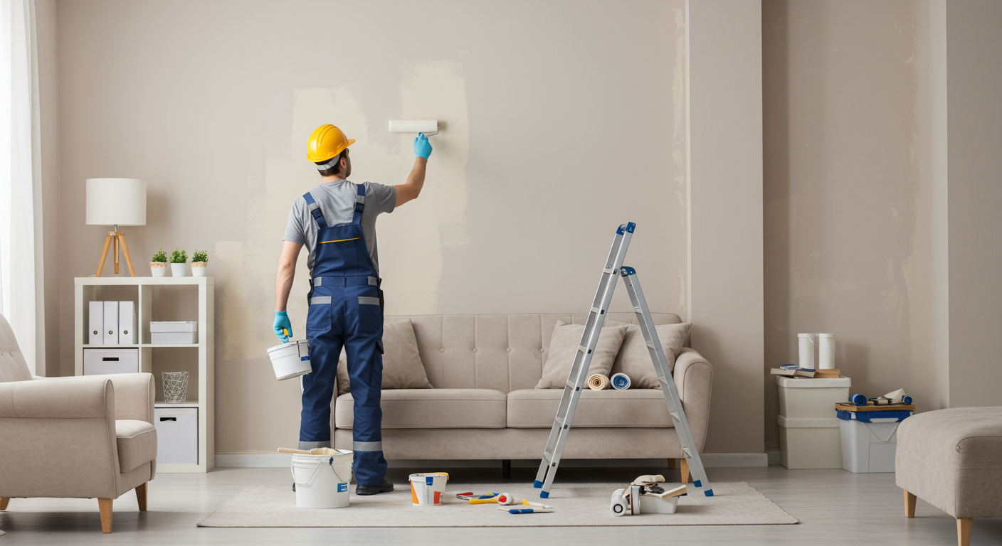 A professional indoor painter wearing a uniform and safety gear is carefully painting a wall in a modern living room. The room features neutral tones, a clean and organized space, and high-quality painting tools like rollers and brushes visible in the background.