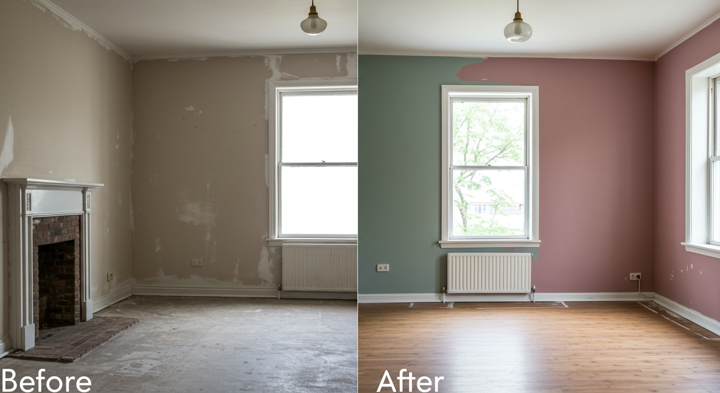 A split-view image showing a room before and after being painted. The 'before' side is dull and outdated, while the 'after' side is vibrant with fresh paint and updated decor.