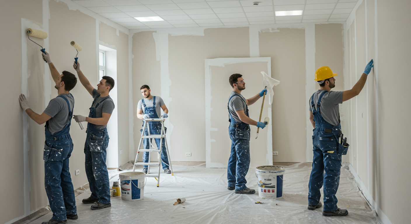 A team of professional painters working together in a spacious indoor setting. One painter is using a roller on the wall, another is taping edges, and a third is prepping the surface, showcasing teamwork and efficiency.