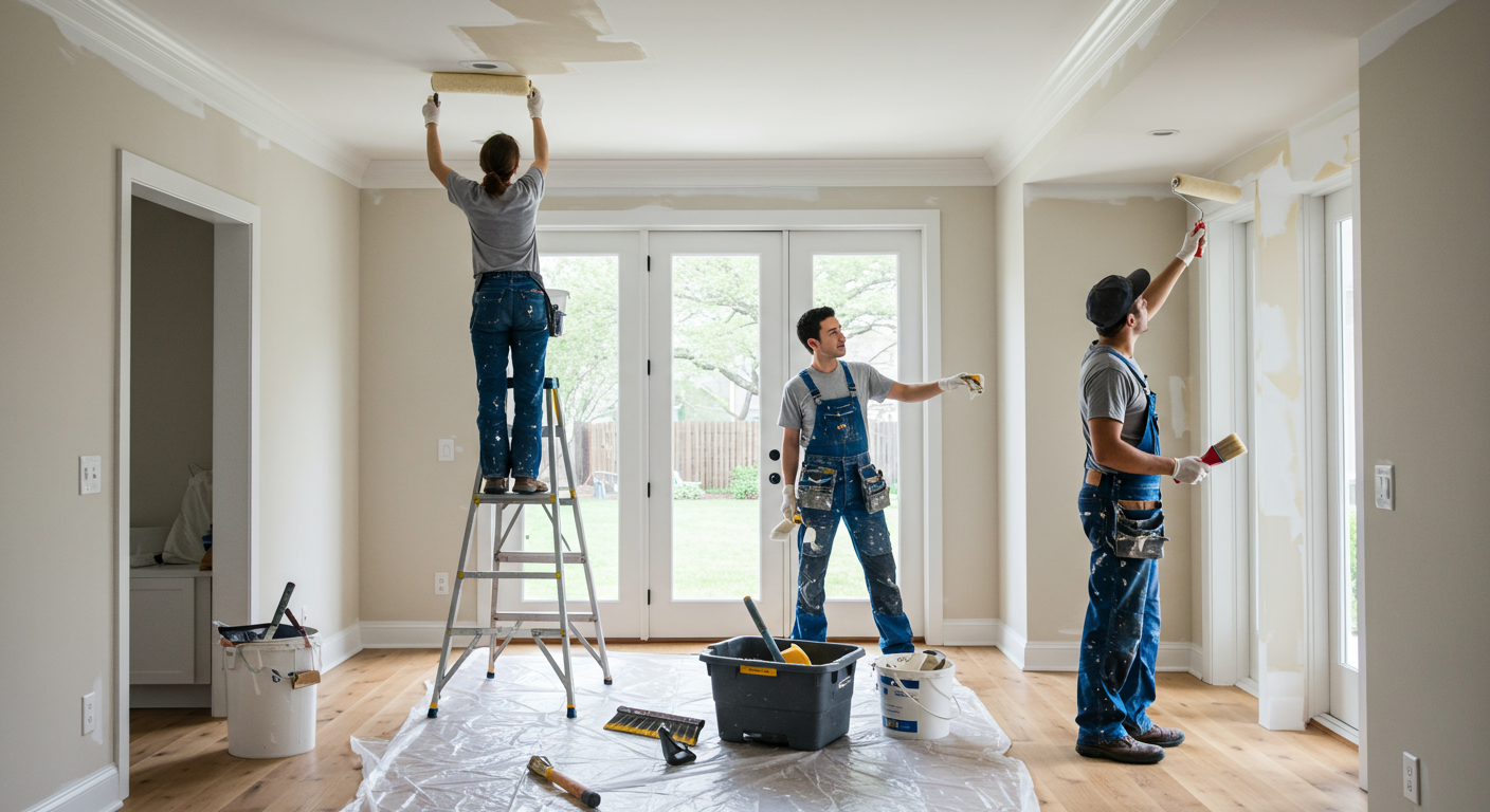 A team of professional painters working together in a spacious home. One painter is on a ladder painting the ceiling, while another is using a roller on the walls. The setting is bright and organized, with drop cloths and tools neatly arranged, emphasizing professionalism and teamwork.