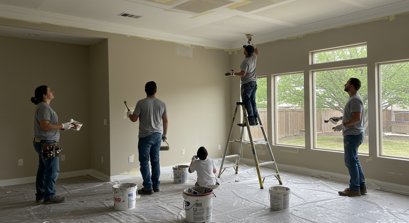 A team of professional painters working together in a spacious Eastvale home. One painter is on a ladder painting the ceiling, while another is taping edges near a window.