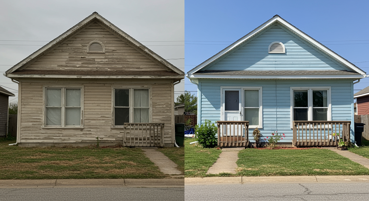 A before-and-after shot of a house exterior, with one side showing the old, faded paint and the other side showcasing the newly painted, vibrant finish.