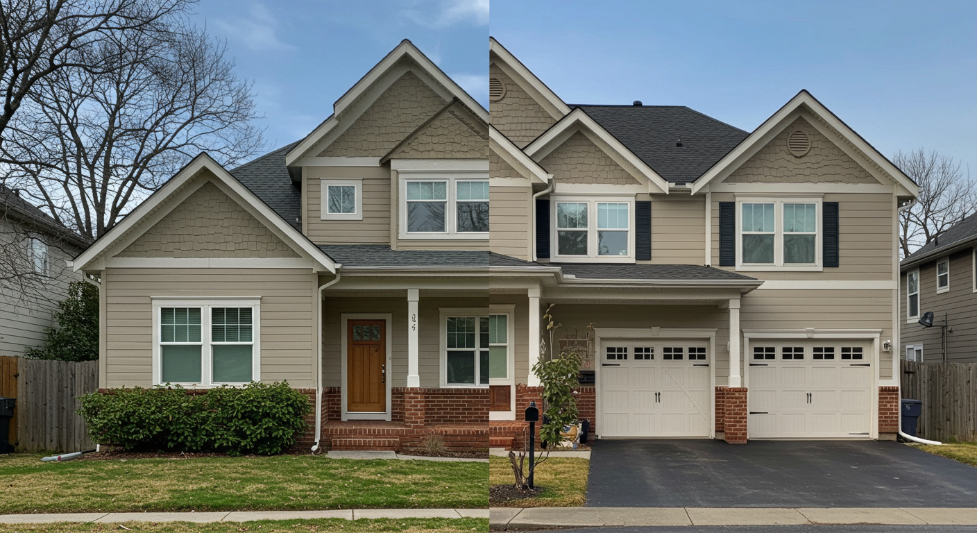 A before-and-after comparison of a house in Oakley, showcasing a freshly painted exterior and a new roof, with a sunny day in the background.