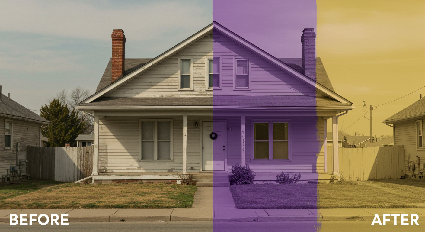 A split image showcasing a house before and after painting. The left side shows the old, faded paint, while the right side displays the vibrant new color, highlighting the dramatic transformation.