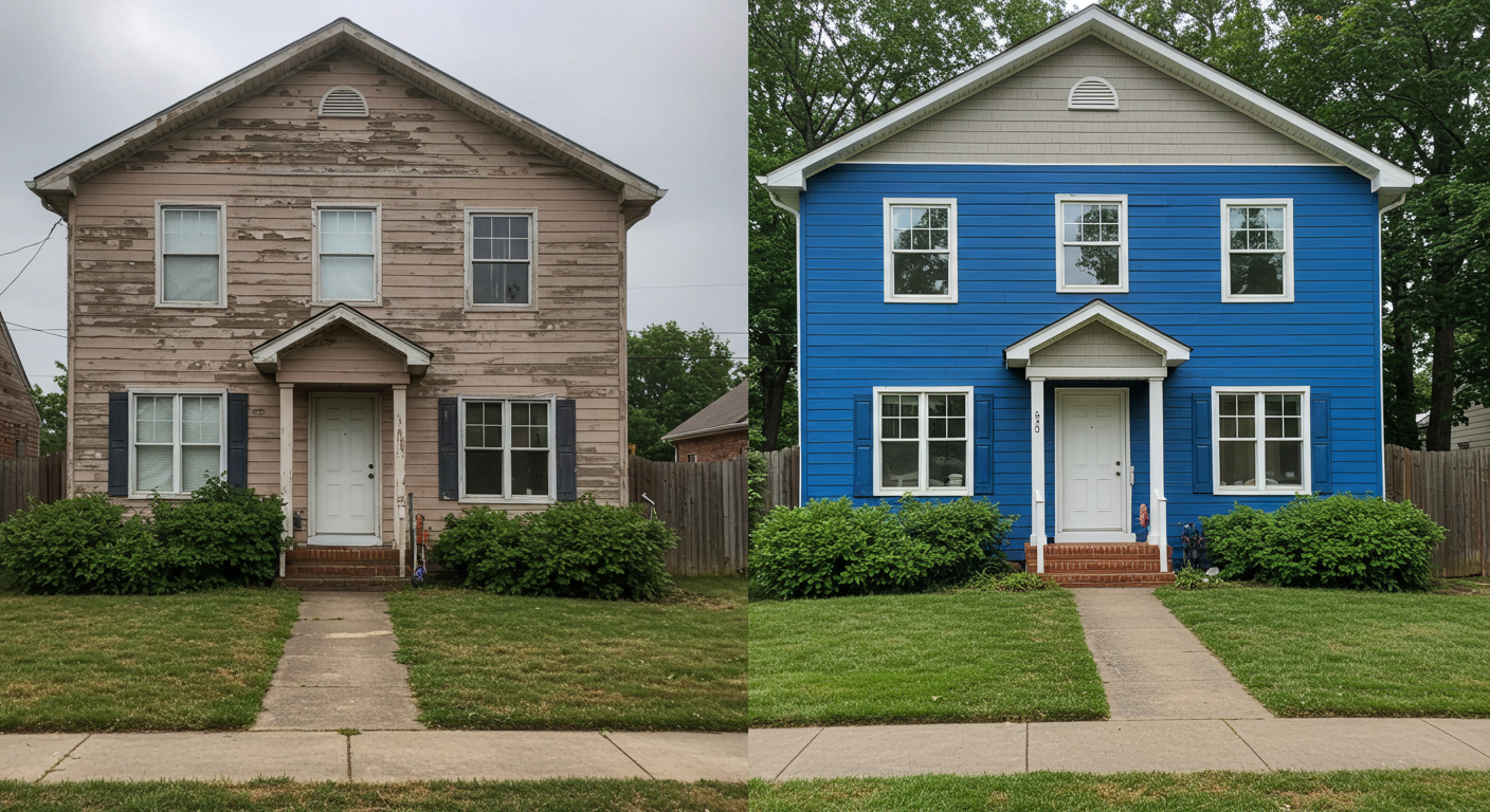 A before-and-after collage of an exterior house painting project, showcasing the dramatic change in appearance.