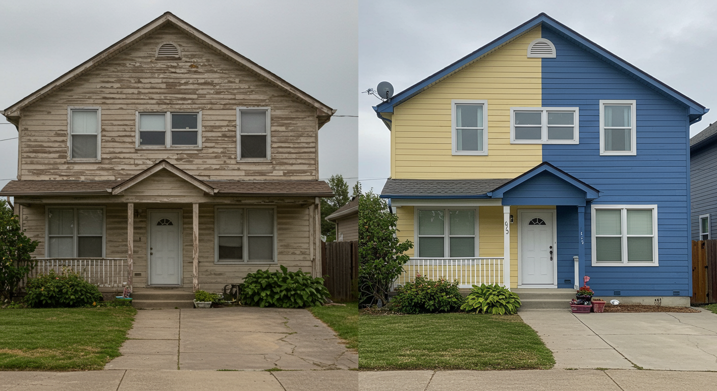 A before-and-after comparison of a residential property, showcasing the dramatic transformation after a professional paint job.