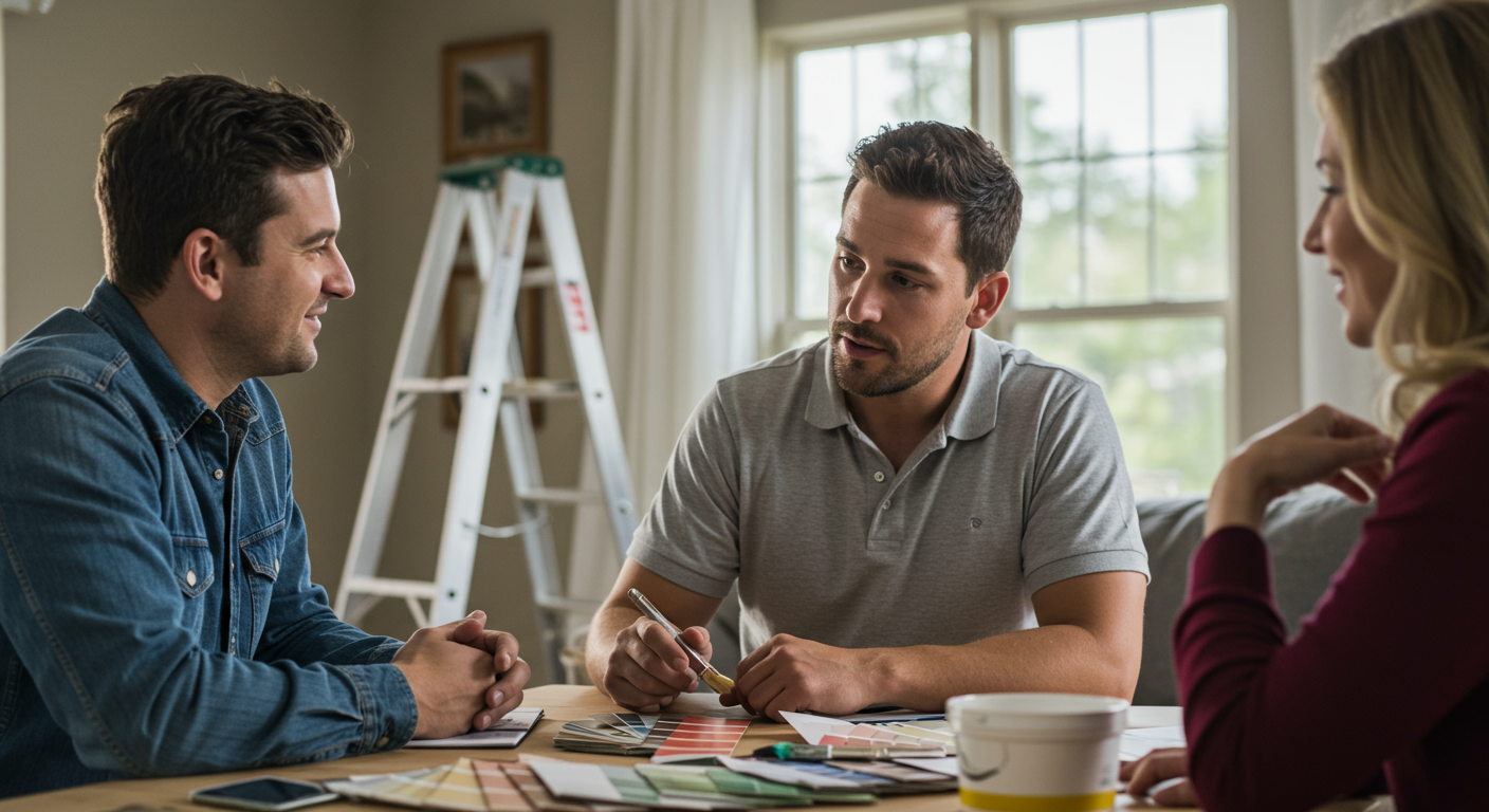 A scene of a painter discussing color options with homeowners, surrounded by paint swatches and samples. The setting is warm and inviting, highlighting customer engagement and satisfaction.
