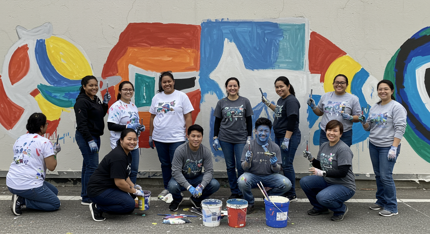 A group of local painters collaborating on a community mural in Buena Park. The image captures the teamwork and creativity involved in the project, with colorful paint splashes and smiling faces.