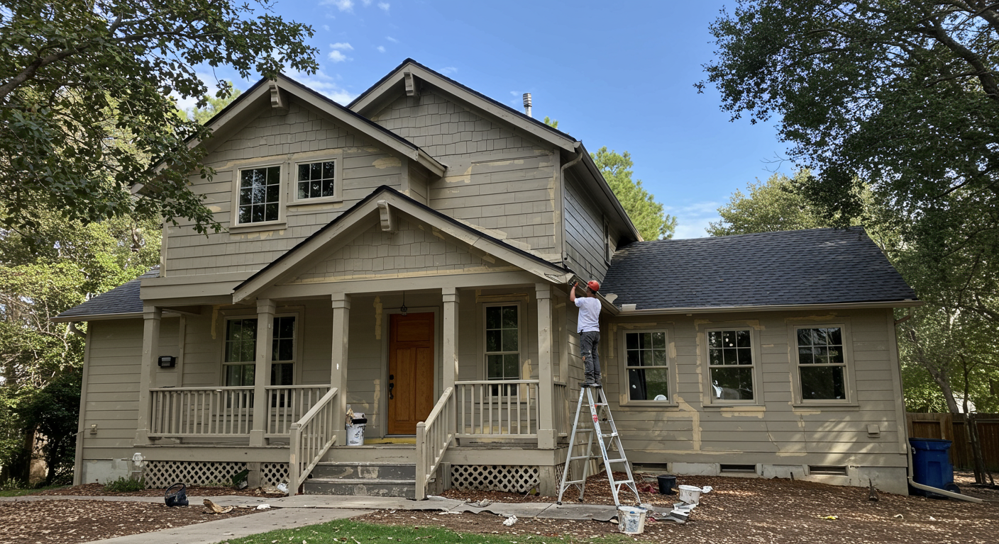 A skilled painter applying a fresh coat of paint to the exterior of a charming Thousand Oaks home, showcasing vibrant colors and attention to detail.