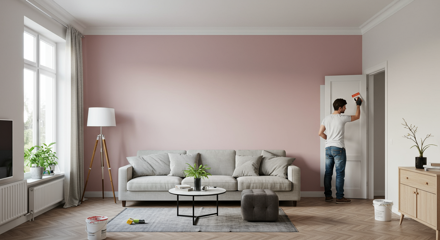 A well-lit living room showcasing a freshly painted wall in a soft, inviting color. The room is furnished with modern decor, and a painter is seen applying the final touches to the wall.