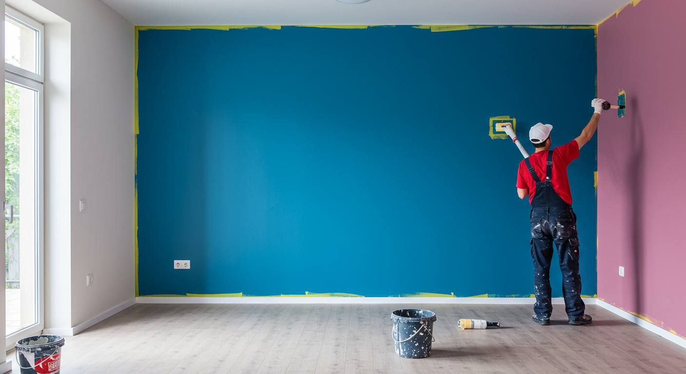 A professional painter applying a fresh coat of vibrant paint to the interior walls of a living room, showcasing the transformation of the space.
