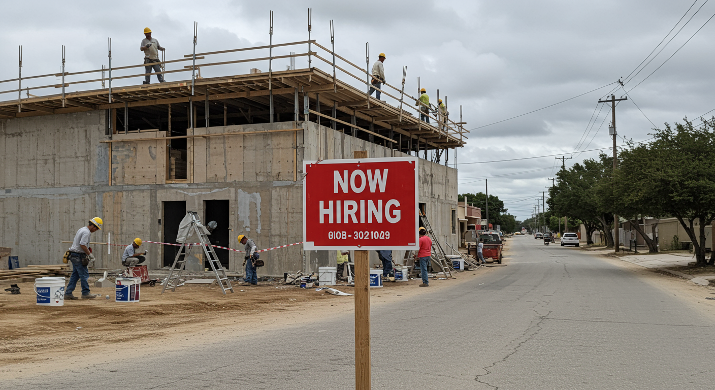 A construction site with a visible 'Now Hiring' sign, surrounded by workers actively engaged in painting. The image conveys a sense of opportunity and growth in the local job market.