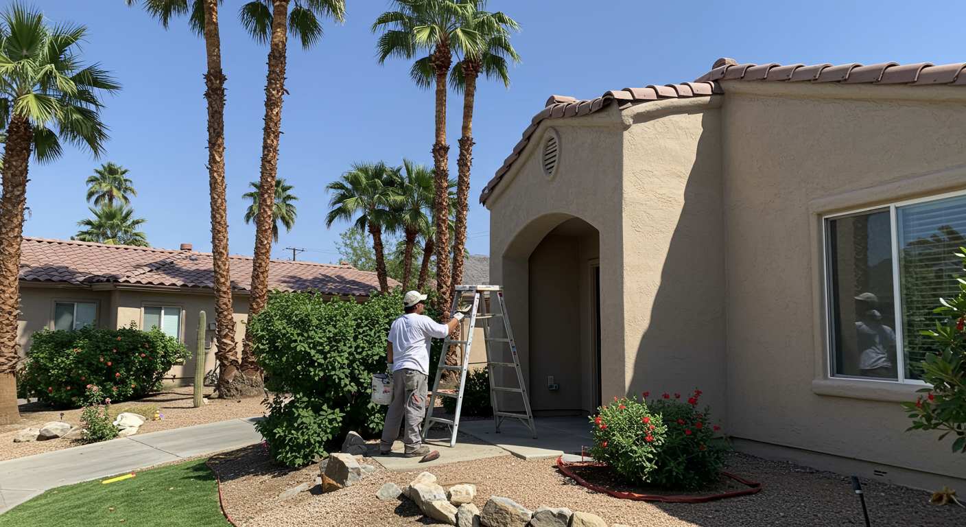 A licensed painter in action, applying a fresh coat of paint to a charming home in a sunny Indio neighborhood.