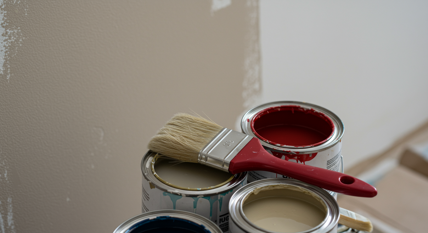 A close-up of paintbrushes and paint cans set against a backdrop of a freshly painted wall, symbolizing the preparation and excitement of starting a new painting project in Pasadena.
