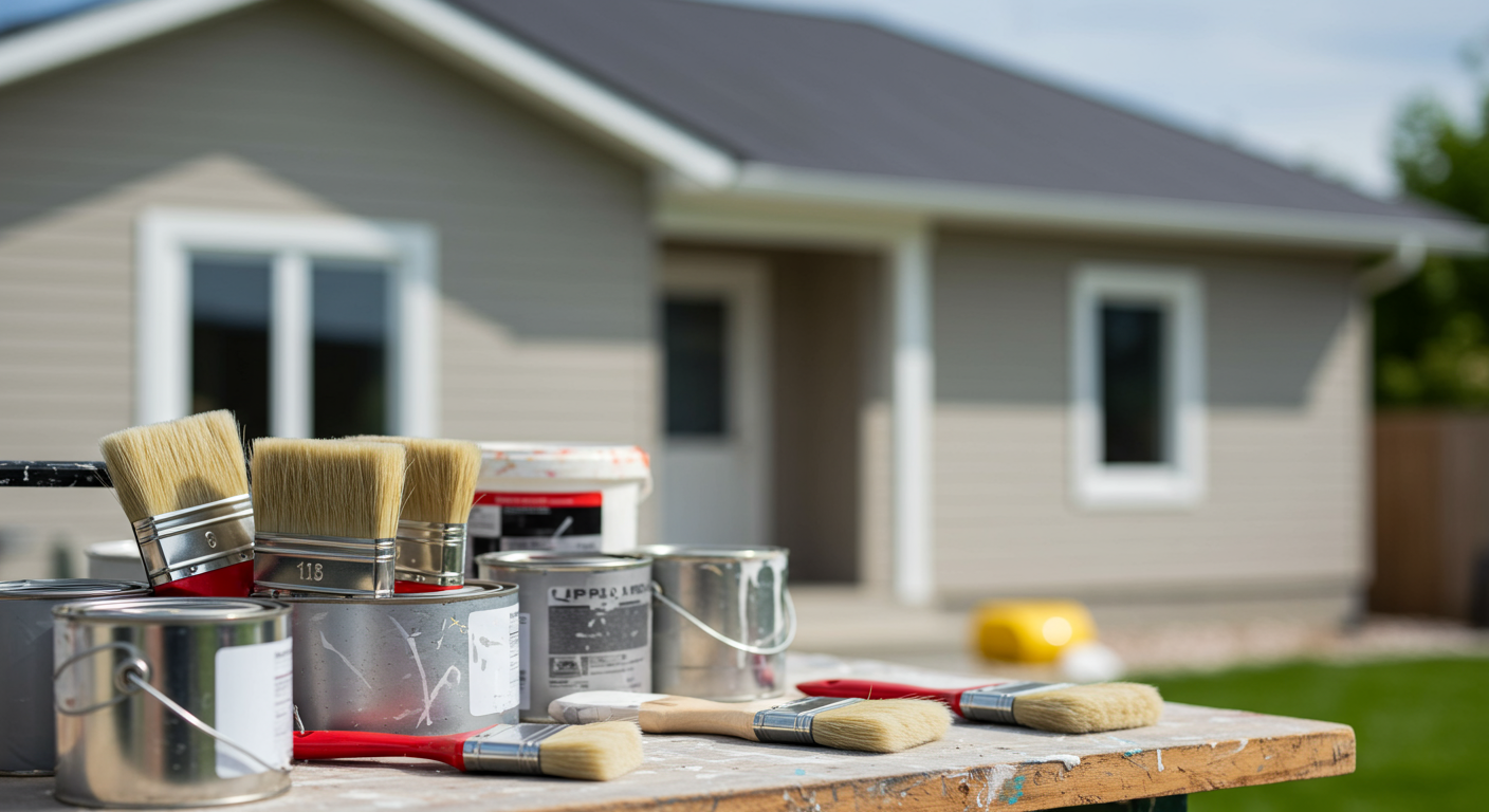 A close-up shot of high-quality paint cans and brushes neatly arranged on a workbench, with a freshly painted house in the background.