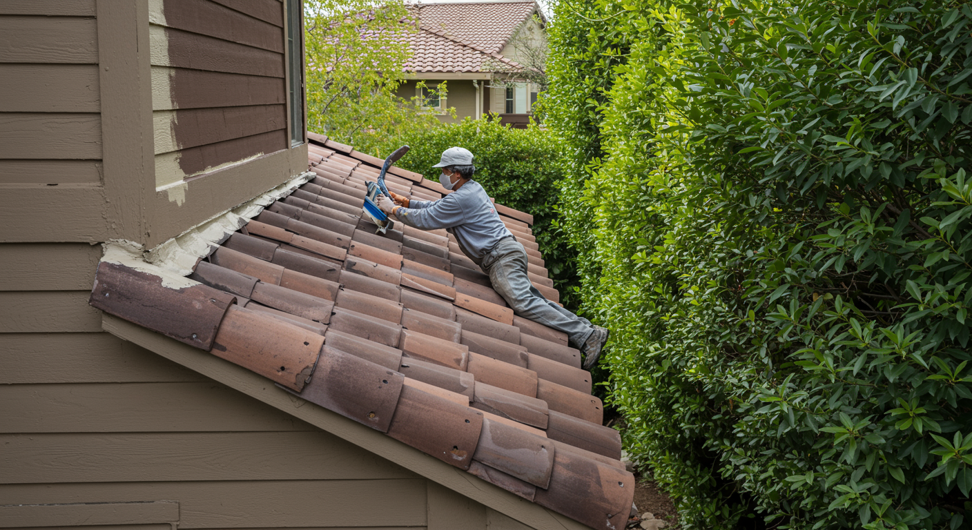 A professional painter applying a fresh coat of vibrant paint to the exterior of a beautiful suburban home in Chino Hills, with lush greenery in the background.