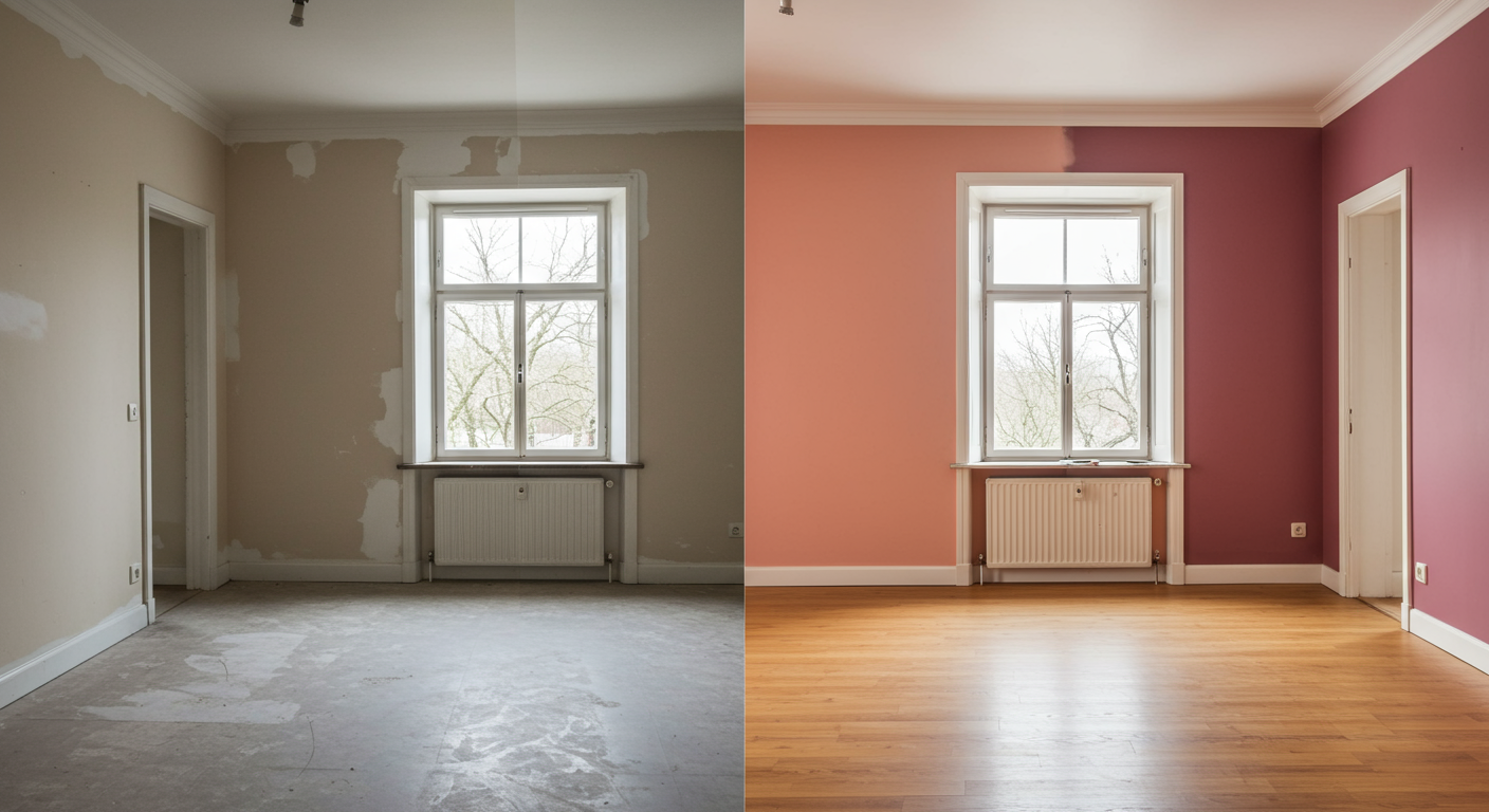 A split image showcasing a side-by-side comparison of a room before and after painting. The left side features dull, outdated colors, while the right side displays a modern, vibrant color scheme that revitalizes the space. The room is well-lit, emphasizing the transformation.