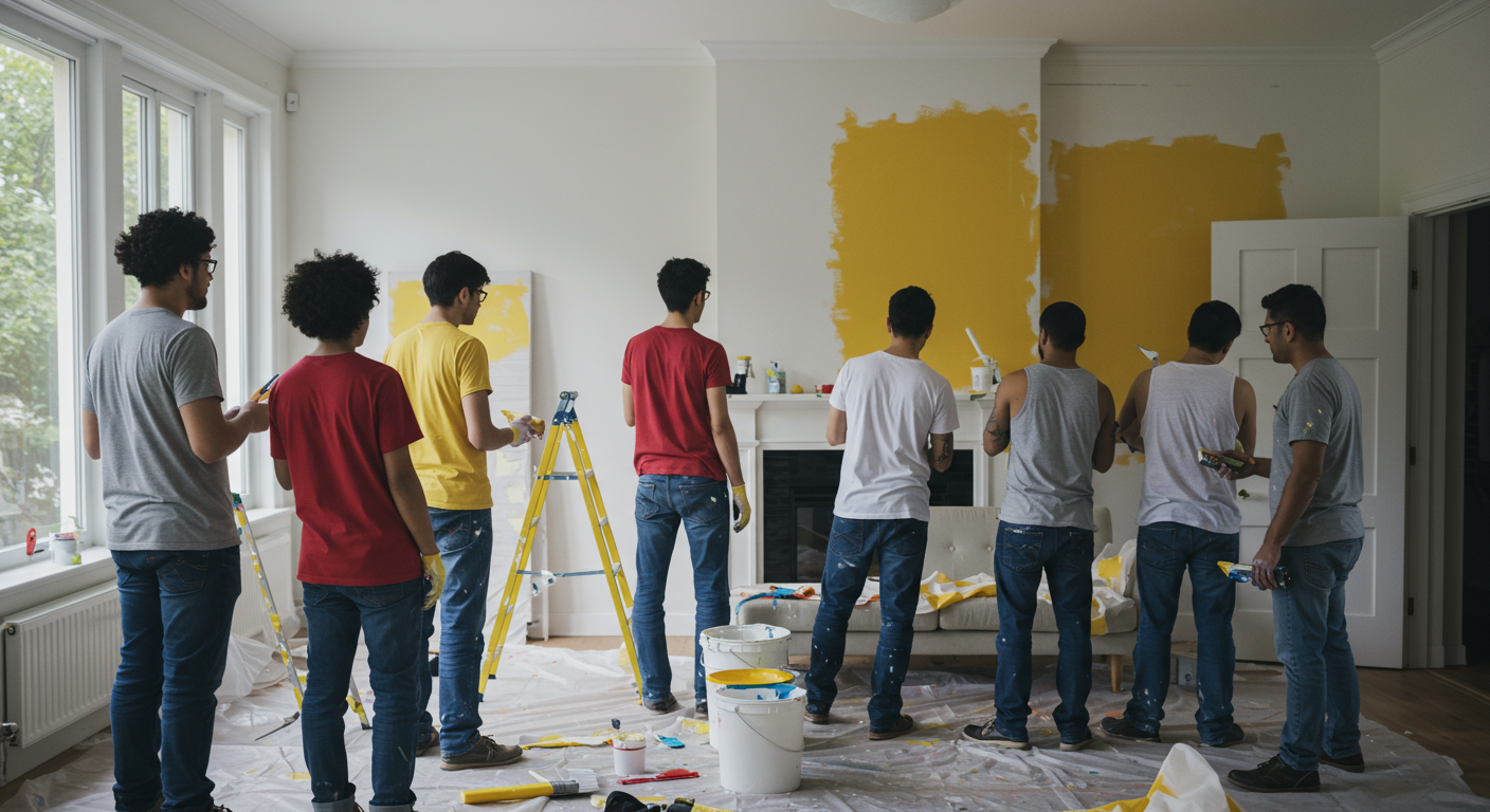 A team of diverse painters collaborating on a residential project, painting the interior of a living room, with bright colors and modern decor, showcasing teamwork and creativity.