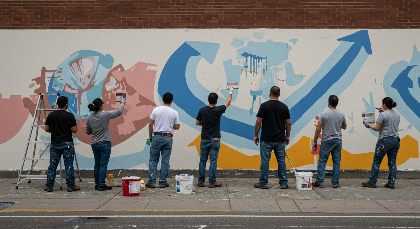 A group of diverse painters collaborating on a large mural in a public space in Manteca, showcasing teamwork and creativity in the painting industry.