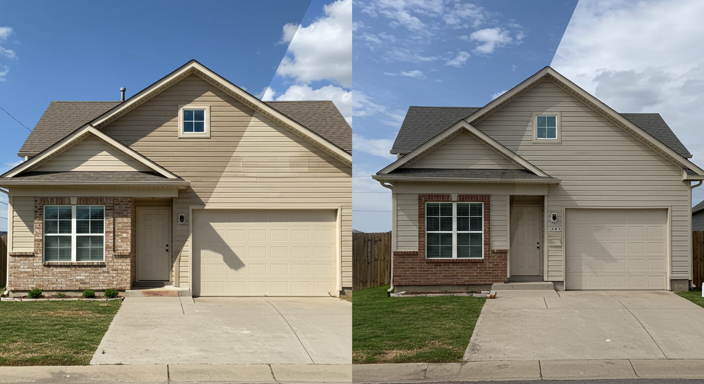 A split image showing a 'before' and 'after' of a home's exterior after a painting service. The transformation highlights the impact of professional painting.