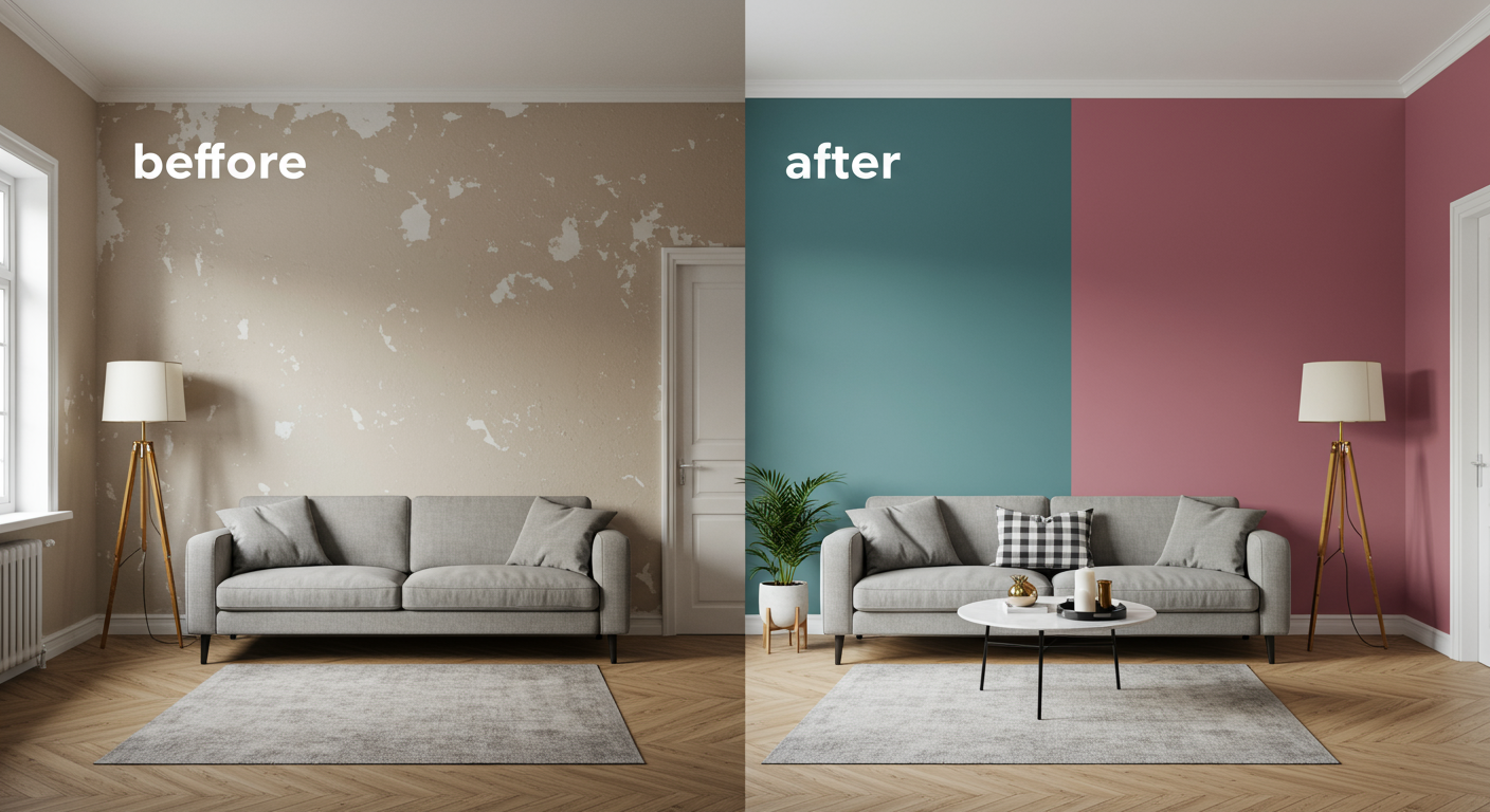 A split-screen image showing a room before and after painting. The 'before' side has dull, faded walls, while the 'after' side features vibrant, freshly painted walls in a trendy color. The room is styled with modern furniture and decor.