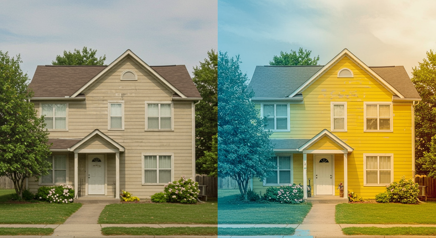 A split image showcasing a house before and after painting. The left side shows the house in dull colors, while the right side displays it with bright, fresh paint. The background is a sunny day, highlighting the transformation.