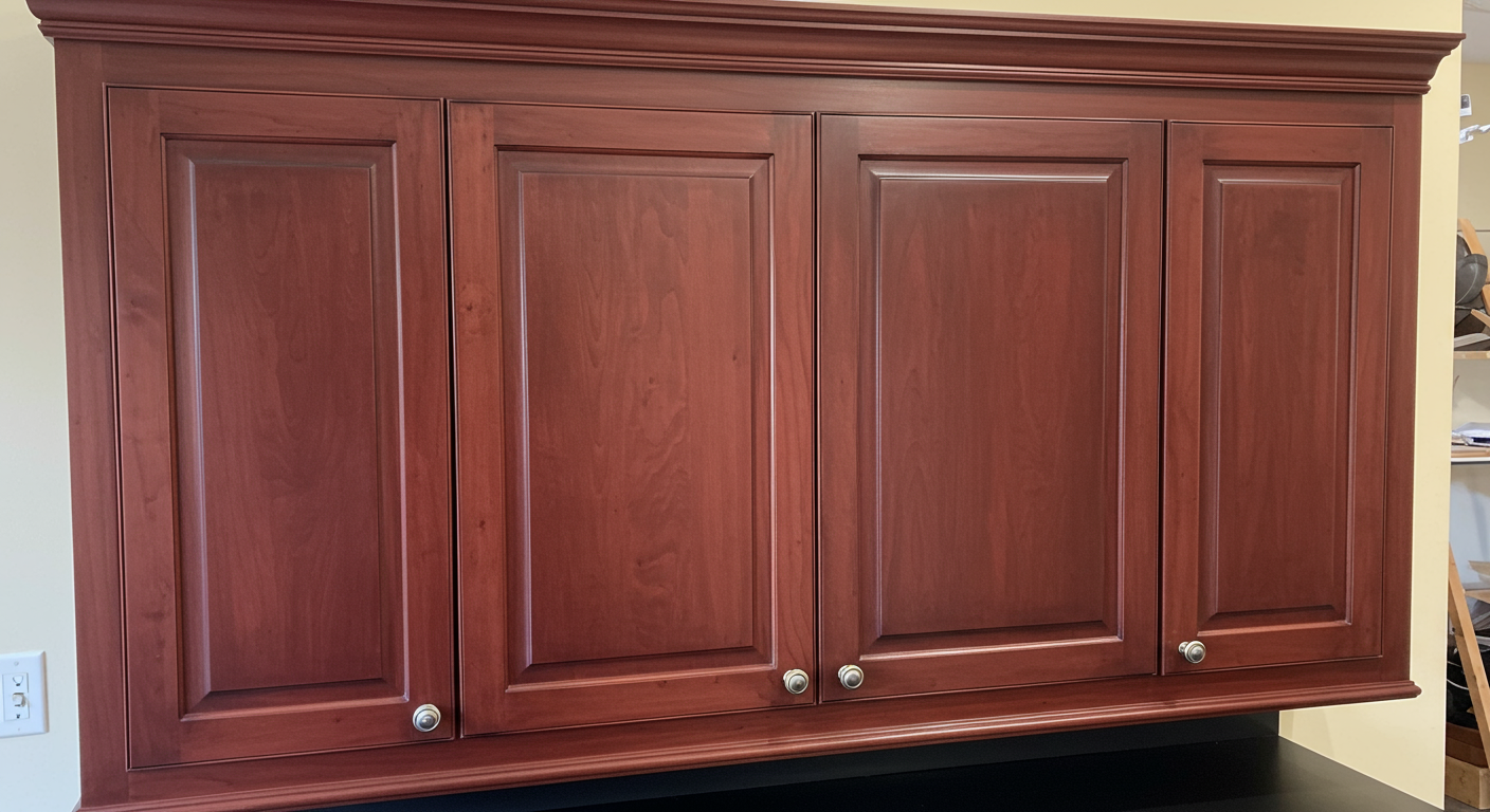 A beautifully refinished kitchen cabinet with a glossy, smooth finish.