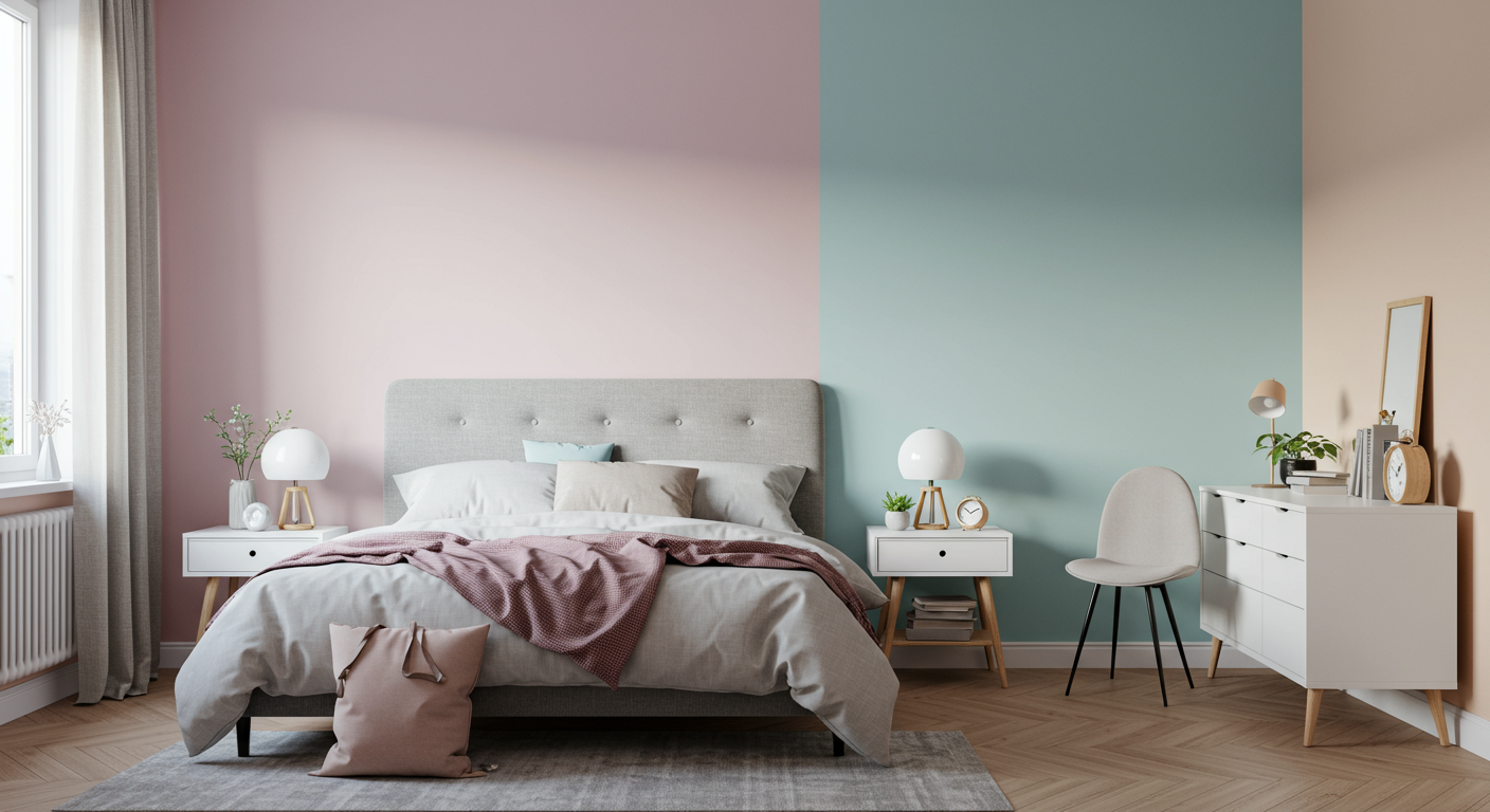 A cozy bedroom with freshly painted pastel-colored walls, complemented by stylish furniture, soft lighting, and decorative elements.