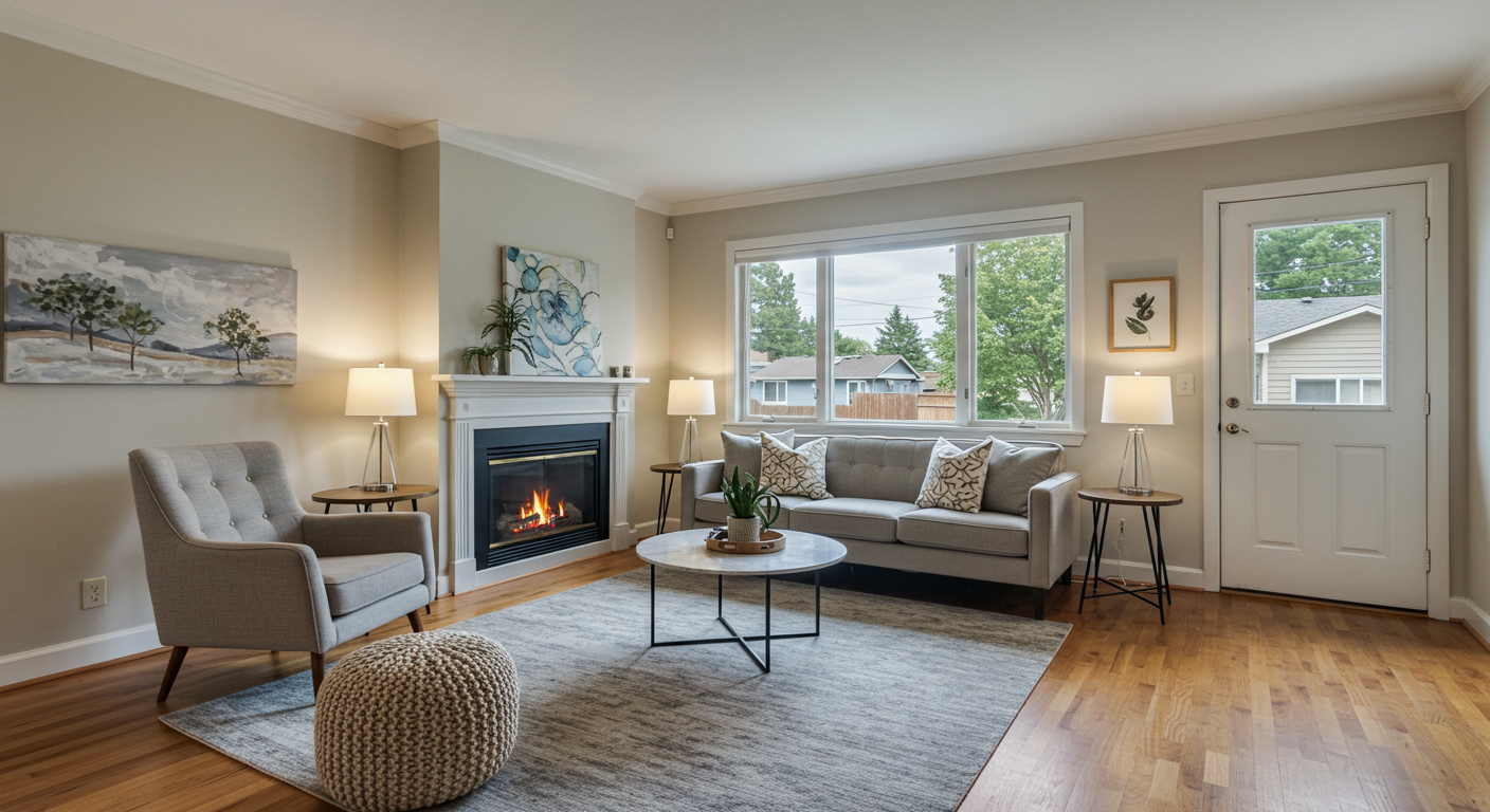 A beautifully painted interior of a Cupertino home, showcasing a living room with modern furniture, a cozy ambiance, and a view of a local Cupertino neighborhood through the window.