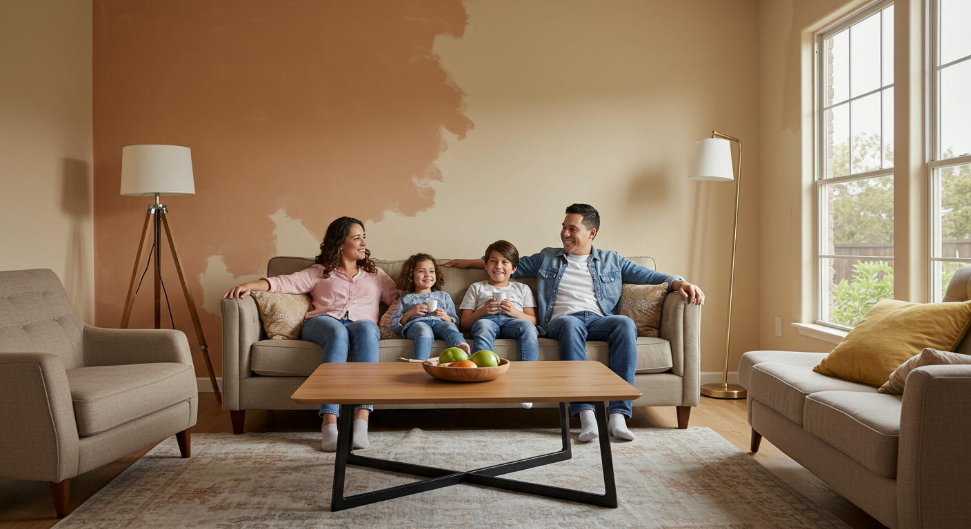 A happy family is relaxing in their newly painted living room in Montebello, CA. The walls are painted in a warm, inviting color, and the room is filled with natural light. The image conveys the emotional satisfaction of hiring professional painters to create a beautiful home environment.