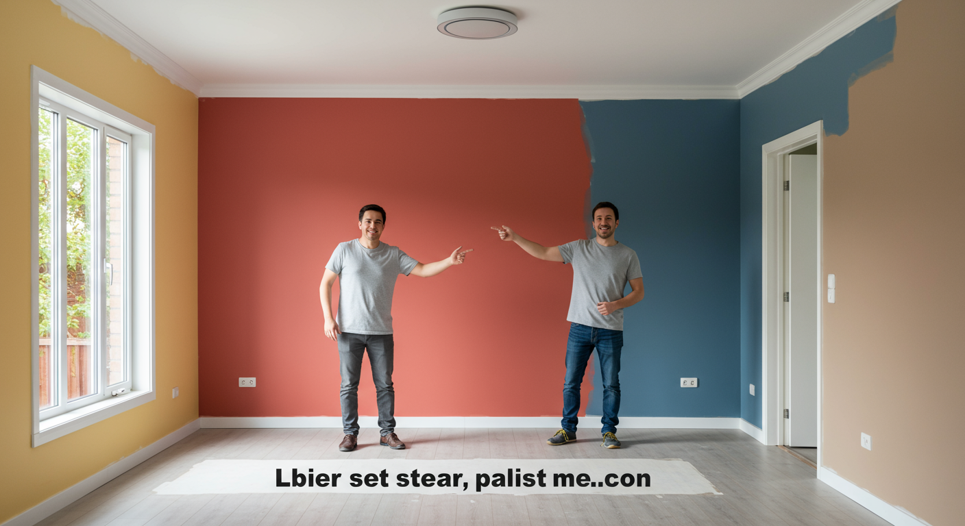A smiling homeowner standing in a freshly painted room, pointing to the vibrant walls. The room is well-lit, with minimal furniture and a clean, polished look.