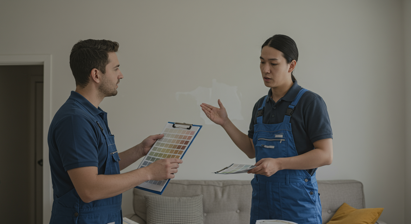 A homeowner and a professional painter discussing paint options in a cozy living room. The painter is holding a clipboard with a color chart, while the homeowner gestures towards the walls, indicating their preferences.
