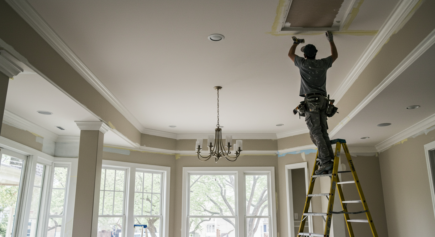 A painter on a ladder working on a high ceiling in a spacious, well-lit room. The image highlights the use of professional equipment and safety measures, such as drop cloths and painter's tape.