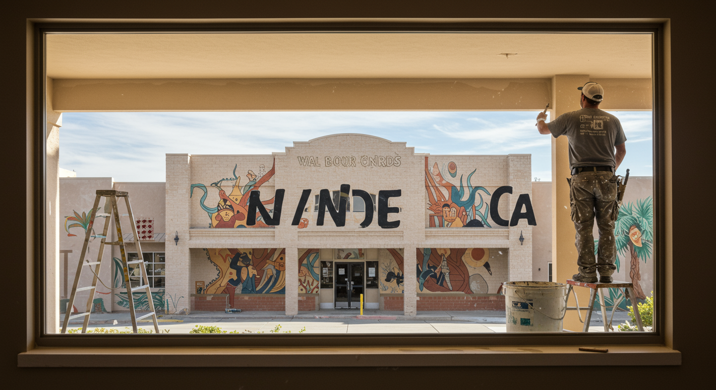 A creative representation of a professional painter working on an indoor project, with a subtle view of a recognizable Madera, CA landmark visible through a window.