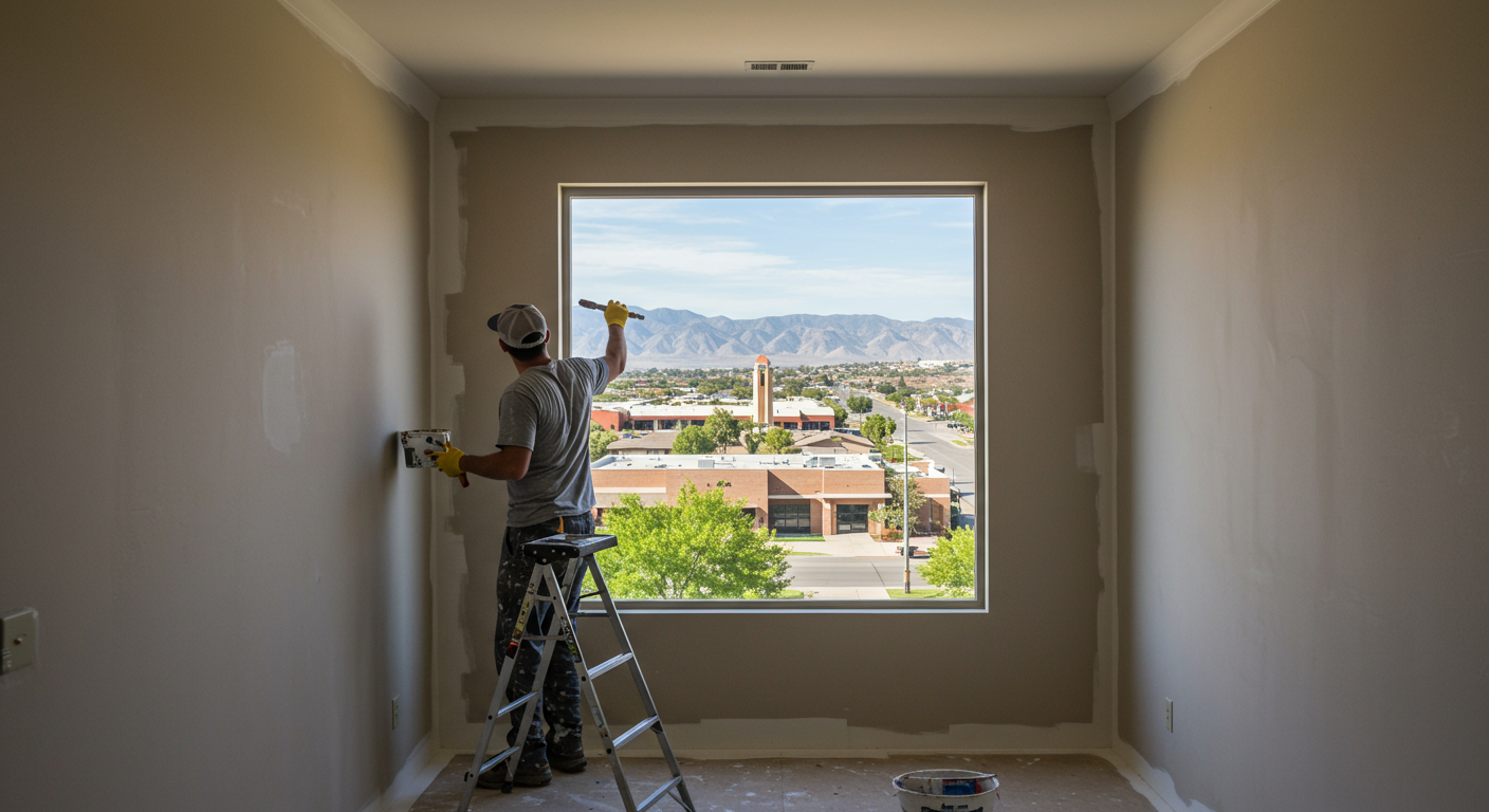 A professional painter working on an interior wall with a window view showcasing a recognizable Madera, CA landmark or landscape.